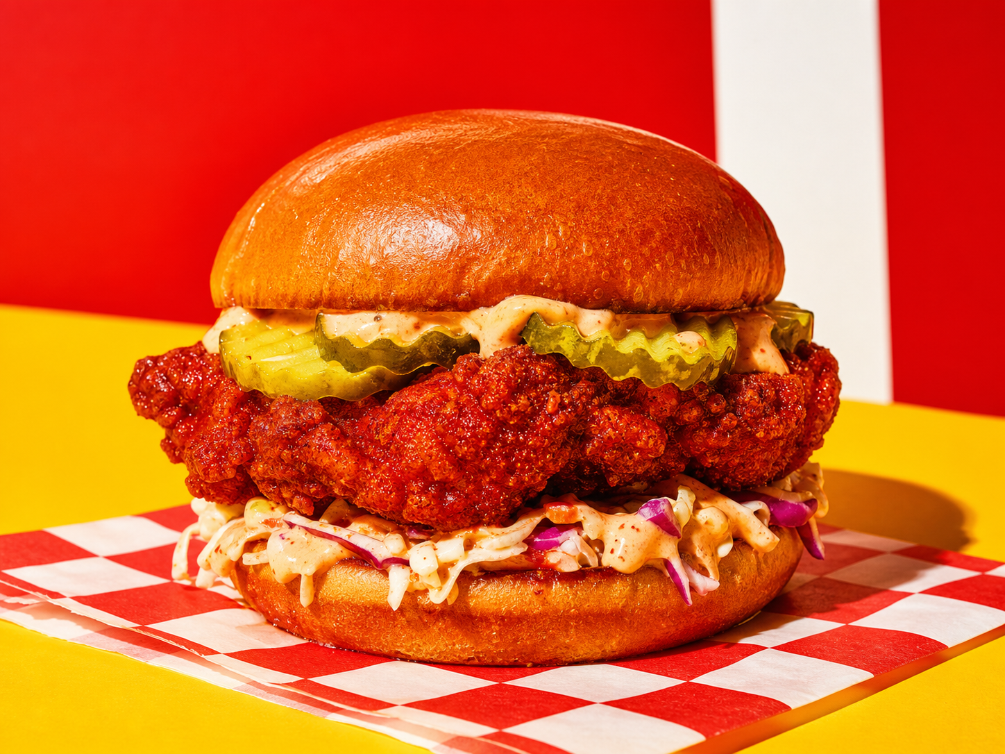 Nashville hot chicken sandwich on red and yellow checker paper