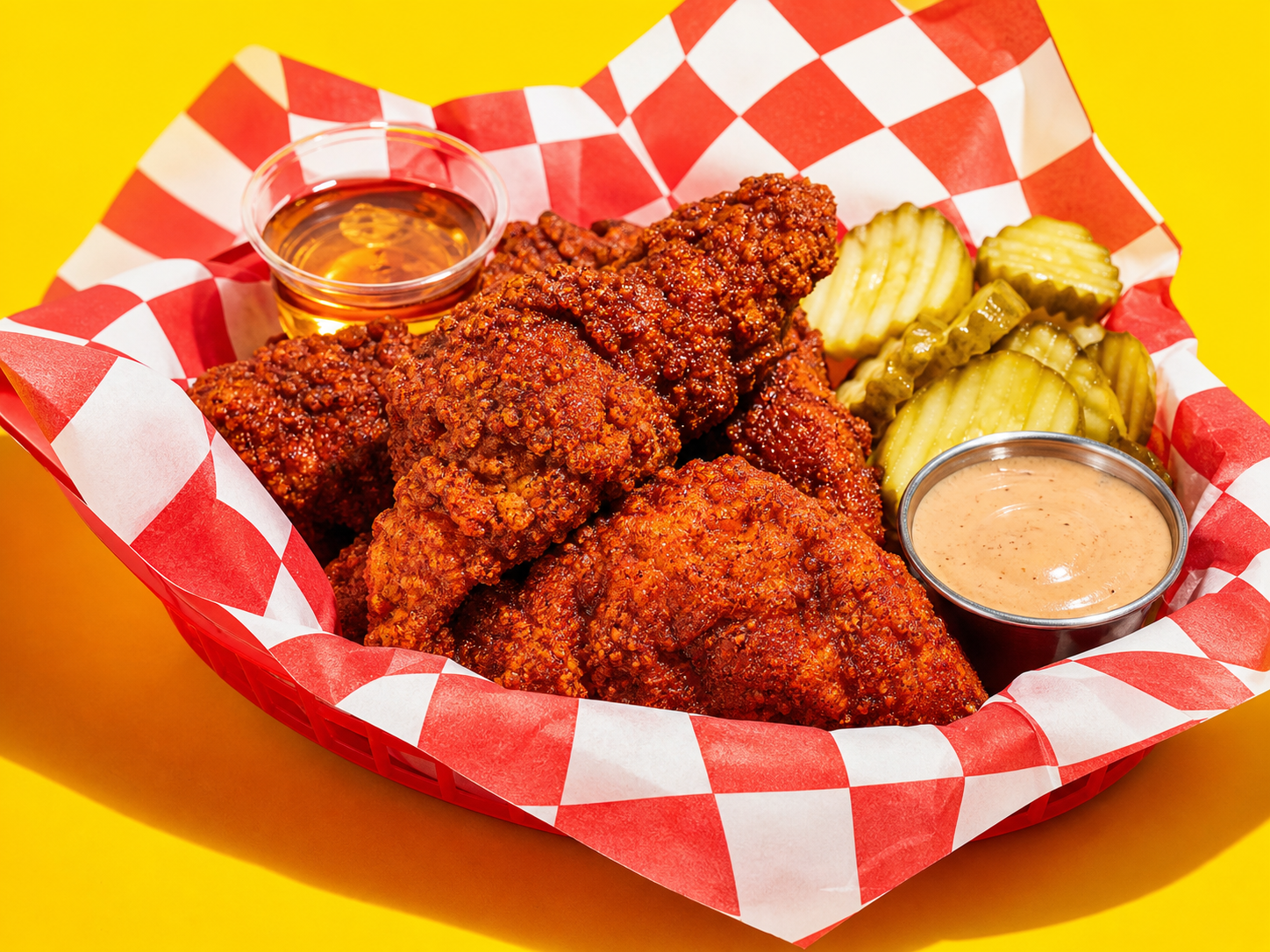 Basket of Nashville hot chicken tenders with pickles and sauces