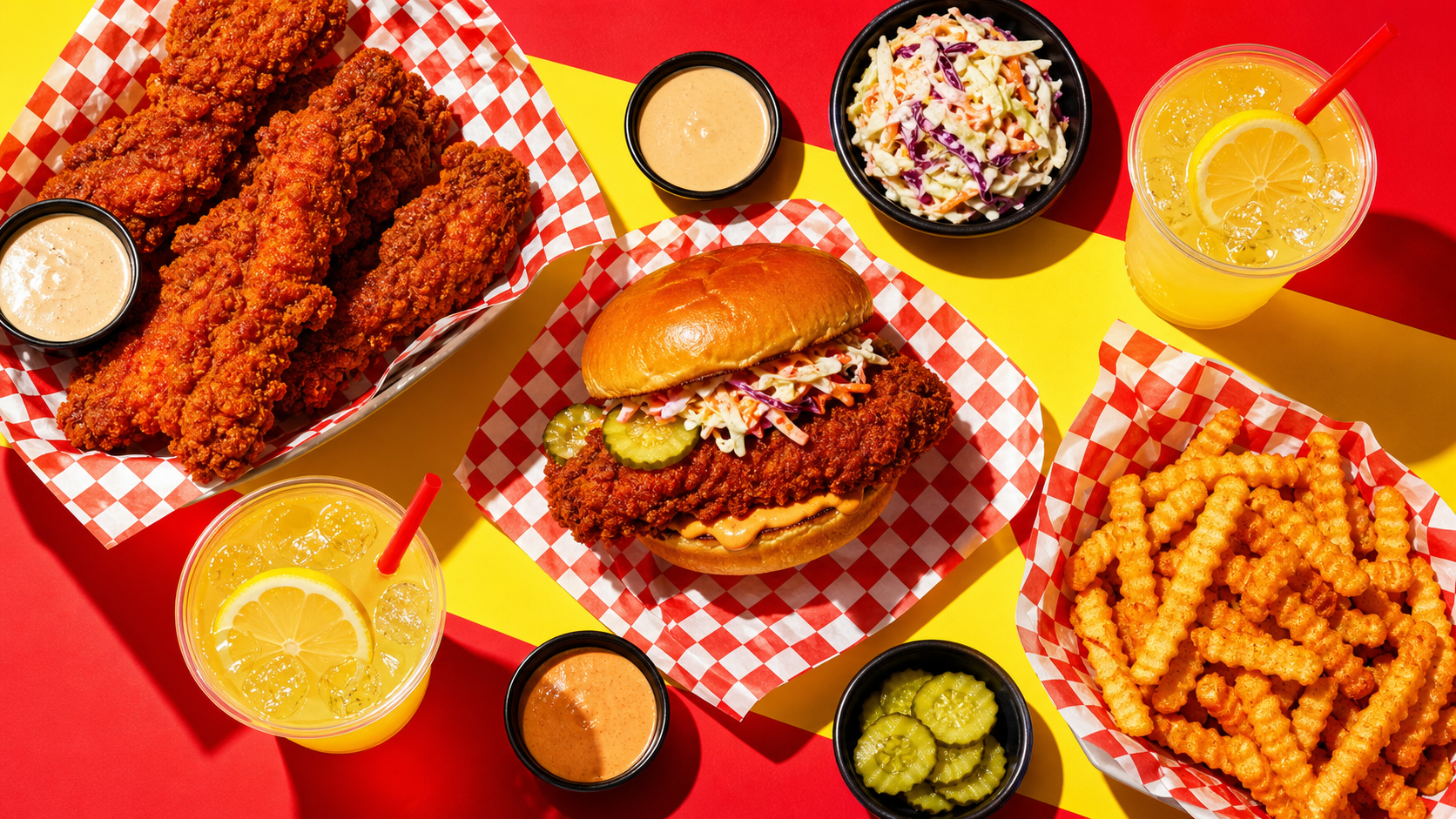 POW WOW table spread with hot chicken sandwich, tenders, fries, slaw, sauces, and lemonade