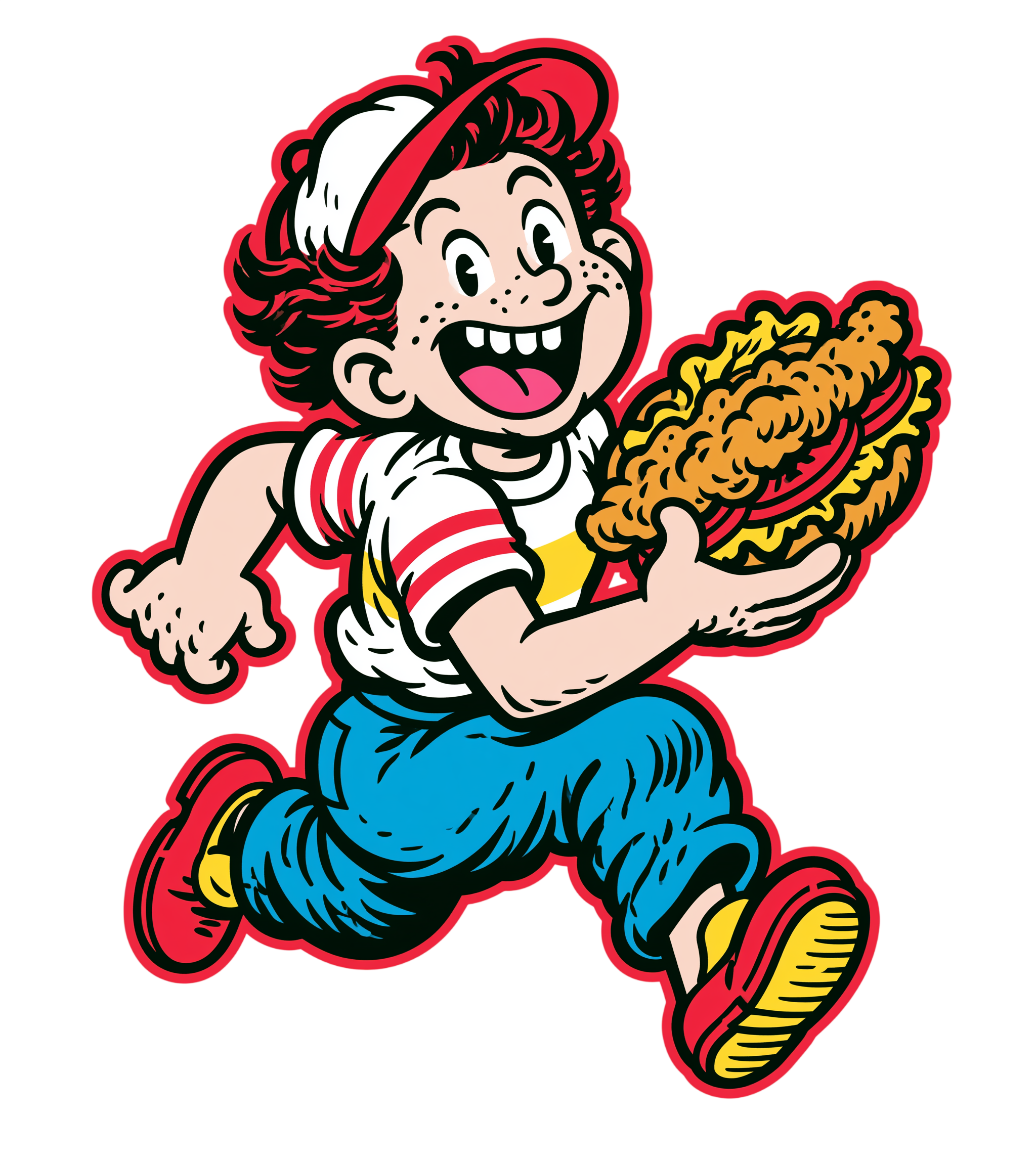 POW WOW mascot running with a chicken sandwich